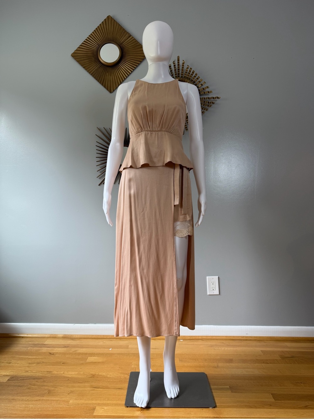 Zara - Two-Piece Peplum Skirt Set in Light Tan